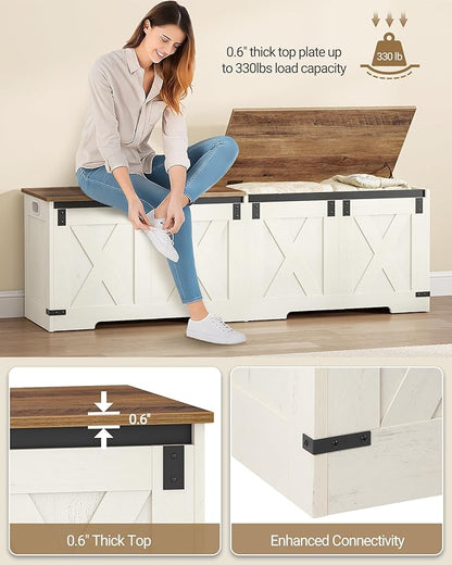 59" Storage Chest, Large Storage Trunk with 2 Hinges, Farmhouse Wooden Box Bench, Lift-Top Organizer Chest, Entryway Trunk for Bedroom, Living Room, White and Brown SB15014X