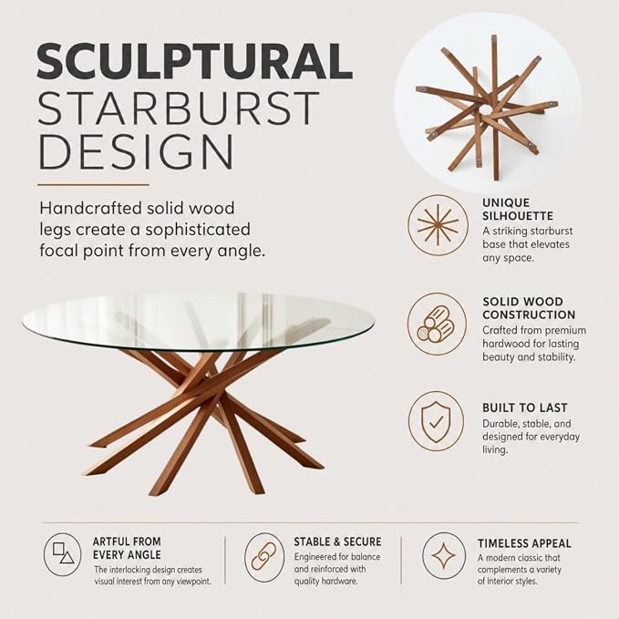 Round Glass Coffee Table-Mid Century Modern Solid Wood Coffee Table | Unique Glass Top&Solid Wood Mortise Interlocking Starburst Legs Design for Living Room,Office,Hotel Lobby