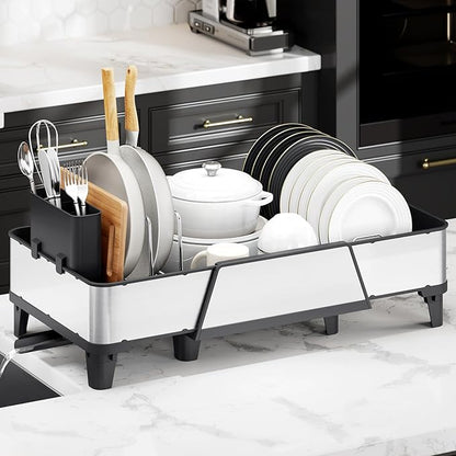 Urackify Large Dish Drying Rack - Triple Expandable Dish Rack for Kitchen Counter, Stainless Steel Sink Organization and Storage Essentials with Utensil & Pans Holder for Home and Appartment, Black