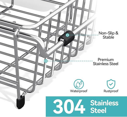 Urackify Dish Drying Rack in Sink, Stainless Steel Expandable Over the Sink Dish Rack with Utensil Holder & Cup Holder, Kitchen Drying Rack for Inside Sink, 15.35" x 11.02" x 4.84", Silver