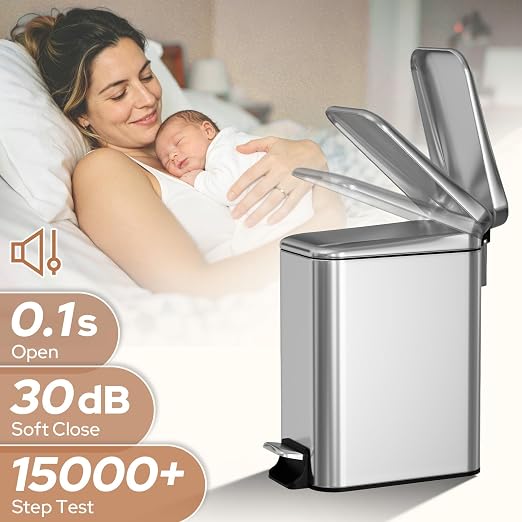 Small Bathroom Trash Can w/Lid Soft Close, 6 Liter/1.6 Gallon Stainless Steel Garbage Can w/Inner Bucket, Trash Bin Waste Basket for Kitchen, Bedroom, Living Room, Office, Toilet, Silver