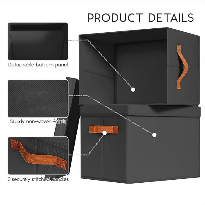 Homsorout Storage Bins with Lids - Fabric Storage Baskets for Shelves, 4 Pack Foldable Decorative Boxes with Handles, Stackable Organizer Bins for Home, Nursery, Dorm, Black