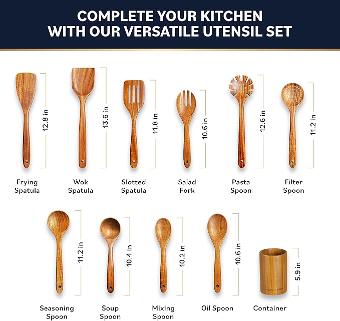 Home Hero Wooden Utensil Set 11 Pcs – Natural Teak Wooden Kitchen Utensils Set with Sturdy, Easy-to-Clean Wooden Spoons for Cooking – Non-Scratch Teak Cooking Utensils (11 pcs)