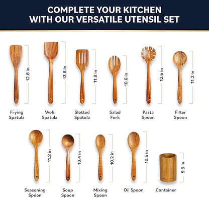 Home Hero Wooden Utensil Set 11 Pcs – Natural Teak Wooden Kitchen Utensils Set with Sturdy, Easy-to-Clean Wooden Spoons for Cooking – Non-Scratch Teak Cooking Utensils (11 pcs)