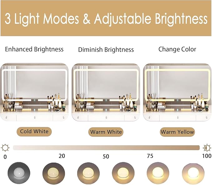 Vanity with Lighted Mirror, Glass Top Makeup Vanity Desk with Power Outlet and 9 Drawers, 3 Color Lighting Modes Adjustable Dresser for Bedroom, White
