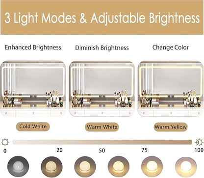 Vanity with Lighted Mirror, Glass Top Makeup Vanity Desk with Power Outlet and 9 Drawers, 3 Color Lighting Modes Adjustable Dresser for Bedroom, White