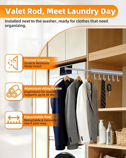 12 inch Valet Rod for Closets Pull Out, Closet Rods Extenders for Hanging Clothes Telescoping Adjustable With 6 Hooks (Silver, 12 Inch-1 Pack)
