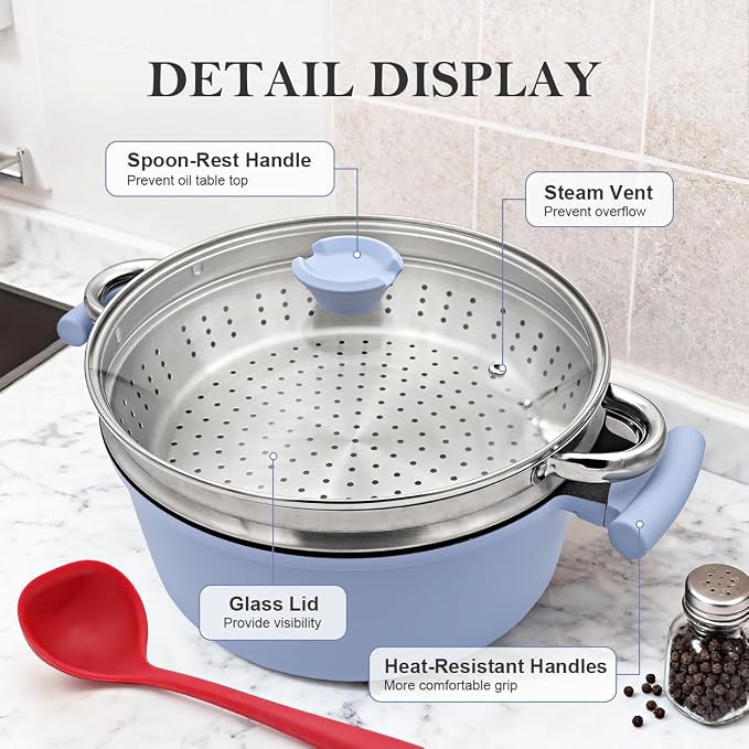 7 QT Steamer Pot for Cooking, Large Steaming Pot with Lid, Nonstick Cooking Pot with Vegetable & Dumpling Steamer Basket, Big Food Steamer Cookware, Induction Compatible, PFOA Free