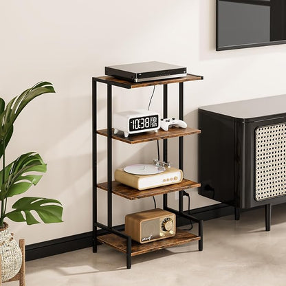 Arbuxzuy 4-Tier AV Media Stand with Power Outlet and LED Lights,Wooden Stereo Stand Cabinet,Game Console Shelf for Small Space,Audio Rack Stand Tower Ideal for Video DVD Players,Xbox