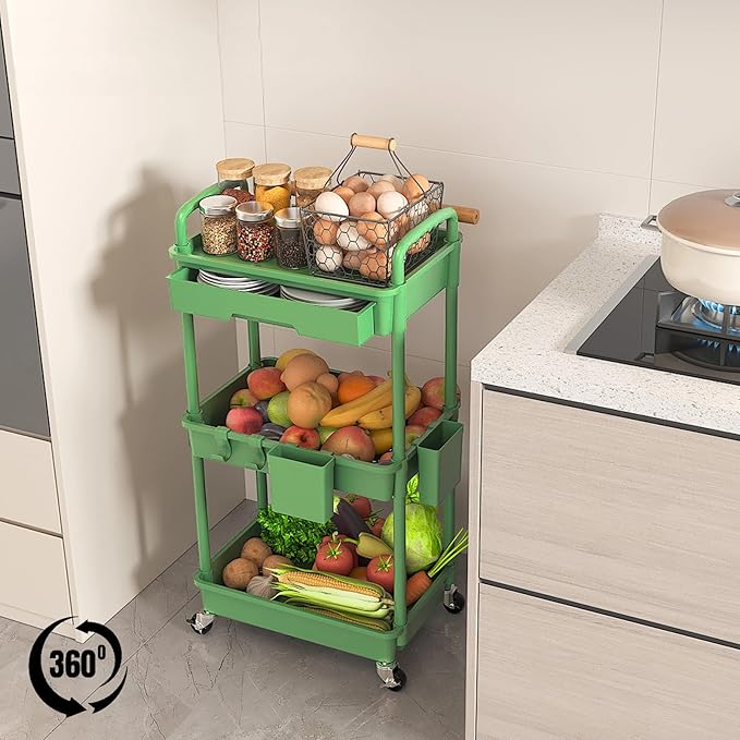 LLMRR 3 Tier Rolling Utility Cart with Drawer, Plastic Storage Organizer Rolling Carts with Wheels Handles Hanging Cups Hooks for Office, Bathroom, Kitchen,Craft Art Room (Green)