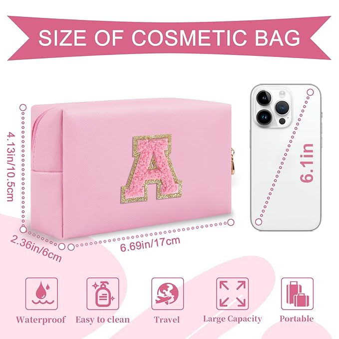 Personalized Initial A-Z Preppy Patch Makeup Bag,Small PU Leather Chenille Letter Cosmetic Bag with Zipper for Teen Girls,Pink Cute Travel Toiletry Bag,Birthday Monogrammed Gift for Daughter,Letter A