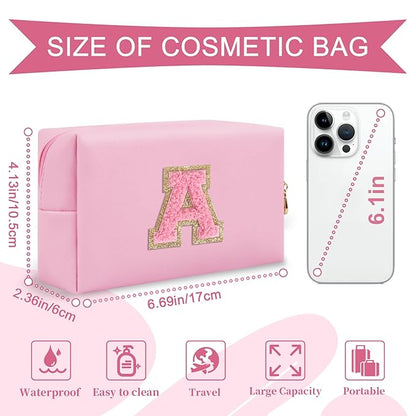 Personalized Initial A-Z Preppy Patch Makeup Bag,Small PU Leather Chenille Letter Cosmetic Bag with Zipper for Teen Girls,Pink Cute Travel Toiletry Bag,Birthday Monogrammed Gift for Daughter,Letter A