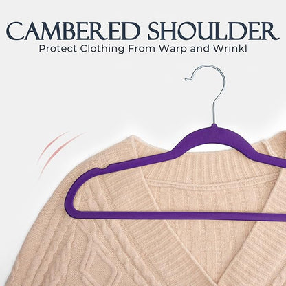 HOUSE DAY Noble-Purple Velvet Hangers 60 Pack, Non Slip Clothes Felt Hanger Heavy Duty for Coat, Premium Slim Space Saving Suit Hangers for Closet Organizer, 360° Rotating Silver Hook