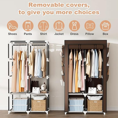 Portable Closet for Hanging Clothes, Portable Wardrobe Closet with Cover, 4 Storage Shelves, 2 Hanging Rods and 8 Side Pockets Easy Assembly and Sturdy Free Standing Closet for Bedroom Brown