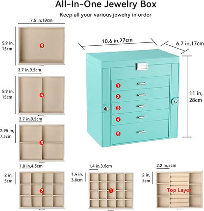 Frebeauty Large Jewelry Box,6-Tier PU Leather Jewelry Organizer,Multi-functional Storage Case with Mirror,Accessories Holder with 5 Drawers for Necklace Bracelets Watches(Turquoise)