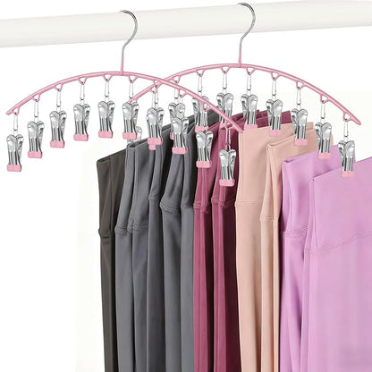 Legging Hangers for Closet Organizer, Hat Hangers for Closet 2 Pack with 10 Clips Holds 20 Leggings, Legging Hanger, Pants Storage Organizer Suitable for Socks, Panties, Underwear, Pants (Pink)