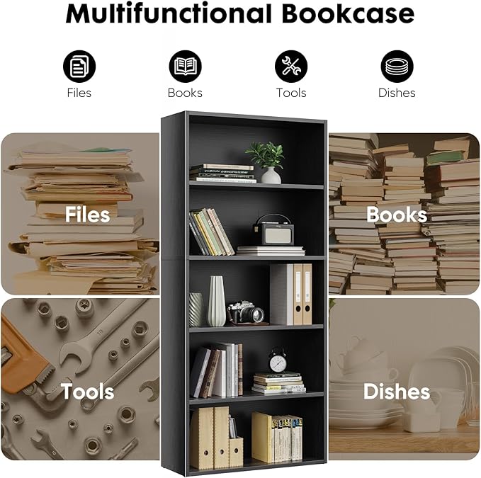 Sweetcrispy Industrial 5 Shelf Bookcase - Large 53 Inch Tall Floor Standing Open Bookshelf with Anti-Tipping Device for Home Office, Living Room, and Bedroom Storage, Black