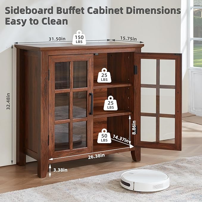 Large Sideboard Buffet Cabinet with Storage, 32" Farmhouse Kitchen Coffee Wine Bar Cabinet with 2 Glass Doors, Wood Mid Century Modern Side Board Table for Dining Room, Living Room, Brown