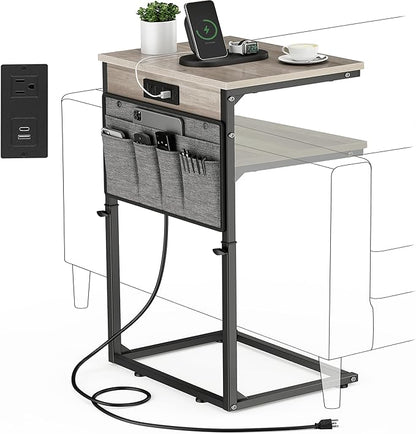 Vagusicc C Shaped End Table with Charging Station, 33"Tall C Table End Table Adjustable Height Side Table for Couch, Sofa Table Slide Under Couch Table TV Tray Arm Table for Living Room, Bedroom, Grey