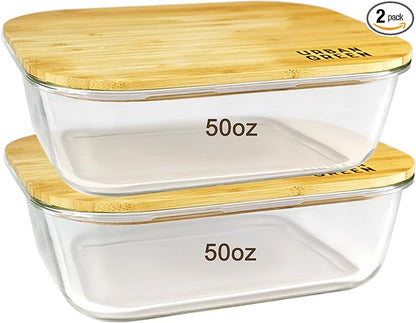 Urban Green Glass Container with Bamboo Lid, 2 Pack of 50oz, Large Glass food storage Container with Lids, Meal Prep Containers Set of 2