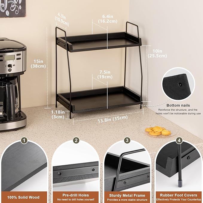 ANBOXIT 2-Tier Coffee Station Organizer, Wooden Kitchen Counter Shelf - Black