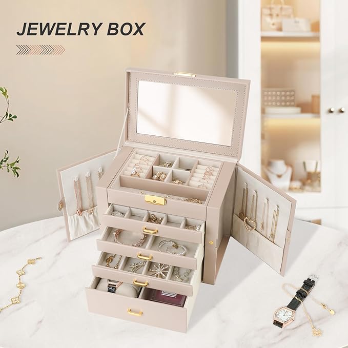 Jewelry Box, Women's Jewelry Organizer with Mirror, 5 Layers & 4 Drawers, Apricot