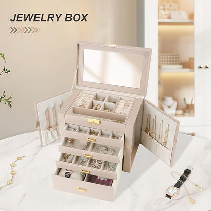 Jewelry Box, Women's Jewelry Organizer with Mirror, 5 Layers & 4 Drawers, Apricot