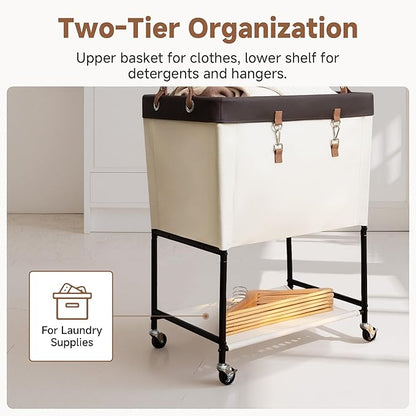 StorageWorks Laundry Cart, 2 Tier Rolling Laundry Basket, Heavy Duty Laundry Basket with Lockable Wheels, Laundry Room Organization and Storage, Clothes Hamper for Bedroom, Dorm, Closet, 29Gal, Beige