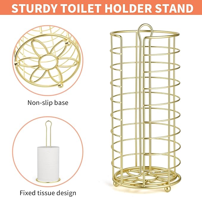 Toilet Paper Holder Stand - Freestanding Toilet Paper Storage,Gold Bathroom Organizer,3 Mega Roll Toilet Paper Roll Holder for Under Sink, Vanity, Cabinet Shelf (Gold)