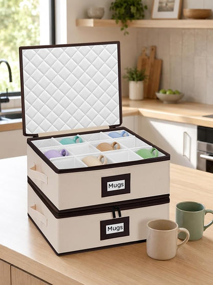 punemi Mug Storage Organizer, Coffee Mug Storage Boxes with Padded Dividers & Hard Shell Support, Stackable Tea Cup Storage Containers with Handles for Packing, Moving & China Storage, Beige, 2 Pack