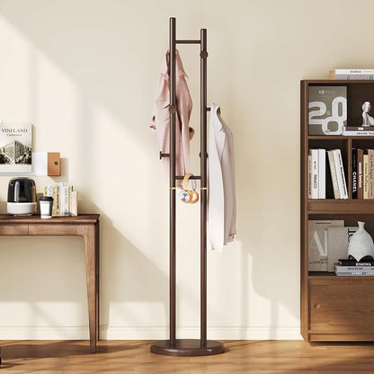 Uniclinens Wood Coat Rack Freestanding - Heavy Duty Freestanding Coat Rack, Wooden Coat Stand with 6 Hooks Creative Tree Branch-look for Entryway, Hallway, Bedroom (Dark Walnut)
