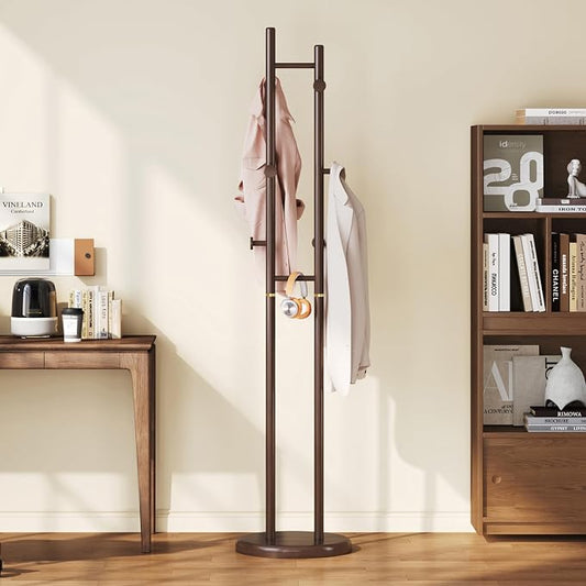 Uniclinens Wood Coat Rack Freestanding - Heavy Duty Freestanding Coat Rack, Wooden Coat Stand with 6 Hooks Creative Tree Branch-look for Entryway, Hallway, Bedroom (Dark Walnut)