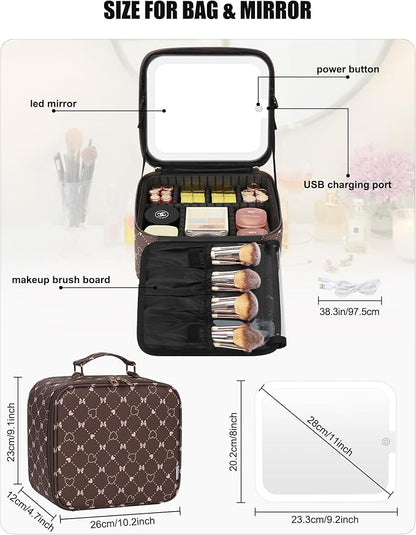 Relavel Travel Makeup Bag With LED Mirror, Portable Cosmetic Organizer Bag with Adjustable Brightness in 3 Color Scenarios, Small Train Case with Detachable Dividers for Trip- Brown Bowknot