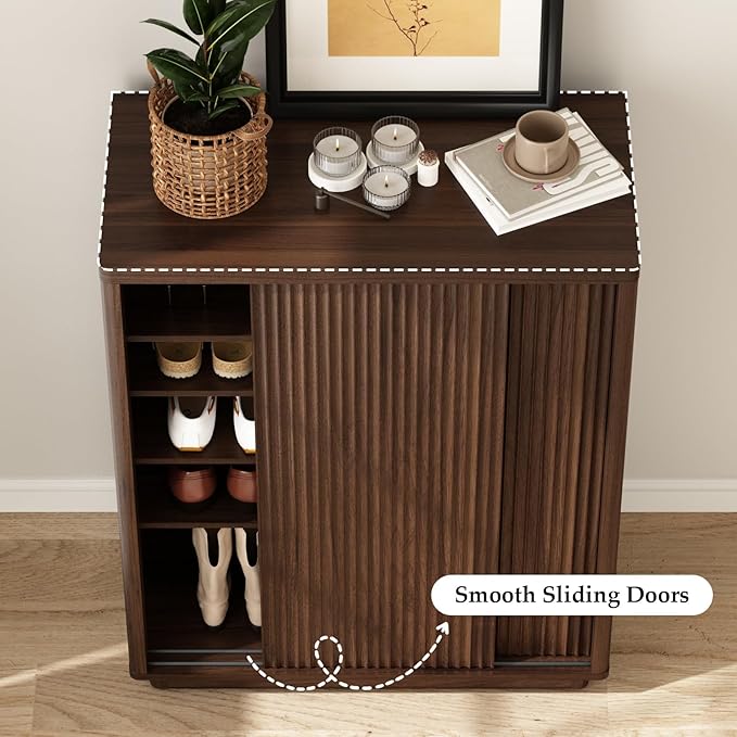 Fluted Shoe Cabinet with Sliding Door Set of 3, 6-Tier Large Hidden Storage Organizer Modern Shoe Rack with Adjustable Shelves, Mid Century Freestanding Wooden Shoe Storage Cabinet for Entryway,Walnut