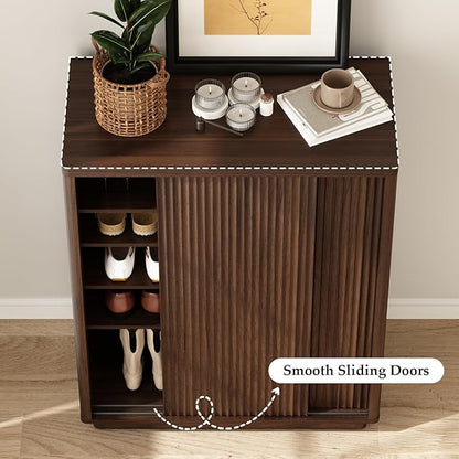 Fluted Shoe Cabinet with Sliding Door Set of 3, 6-Tier Large Hidden Storage Organizer Modern Shoe Rack with Adjustable Shelves, Mid Century Freestanding Wooden Shoe Storage Cabinet for Entryway,Walnut