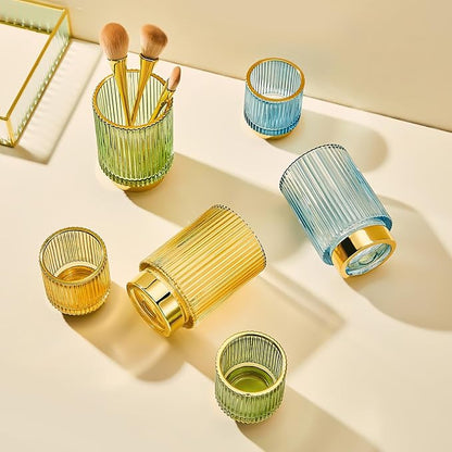 Makeup Brush Holder Organizer,Toothbrush Holders,Desk Pen Pencil Holder,Multifunctional Vintage Glass Brush Cup（S+L/Gold/A3-2-US）