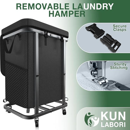 40 Gal(150L) Laundry Basket with Lid, Rolling Laundry Hamper with Wheels, Dirty Clothes Hamper with Metal Frame and Removable Bag Design, Suitable for Laundry Room, Bedroom - Black
