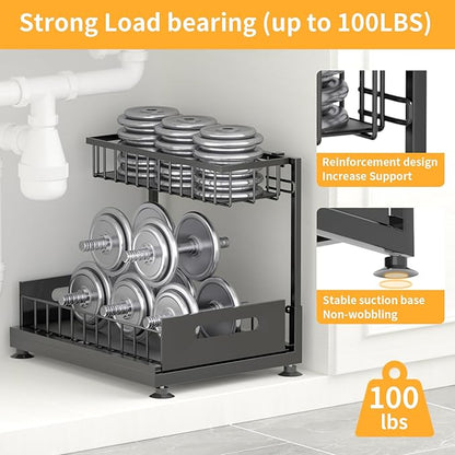 Under Sink Organizer Storage 2-Tier Premium Metal Pull-Out Kitchen Cabinet Organizer with Sliding Drawer, Height Adjustable, Heavy Duty for Kitchen & Bathroom Organizers 1 Pack Black