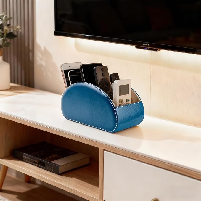 Remote Control Holders Organizer Box with 5 Compartment PU Leather Multi-functional Office Desk Storage Caddy Store Tv Remote for Media Player,Brush,Pencil,Glassees&Office Supplies (peacock blue)