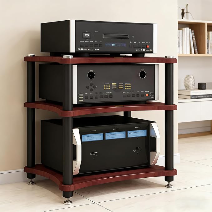 Heavy Duty Audio Component Rack, Large Storage Space AV Media Stand with Shock-Absorbing Foot pegs, Audio Rack Tower CD Player Stand for Home/Office/Audio Video/Theate (Teak, 3rd)