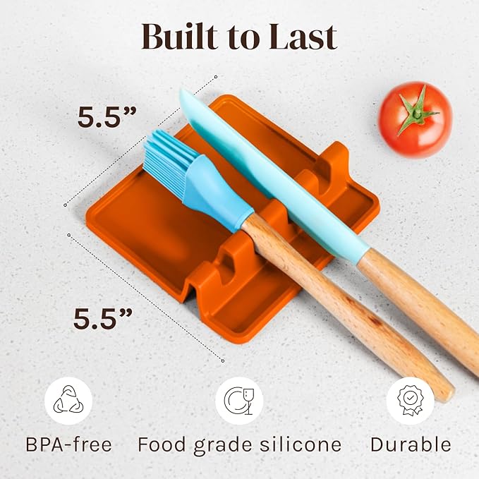 Orange Silicone Spoon Rest for Stove Top with Drip Pad (Two Pack) - Heat Resistant BPA Free Utensil Rest & Spoon Holder for Kitchen Counter - Grill Utensil Chopstick Holder - Spatula Holder