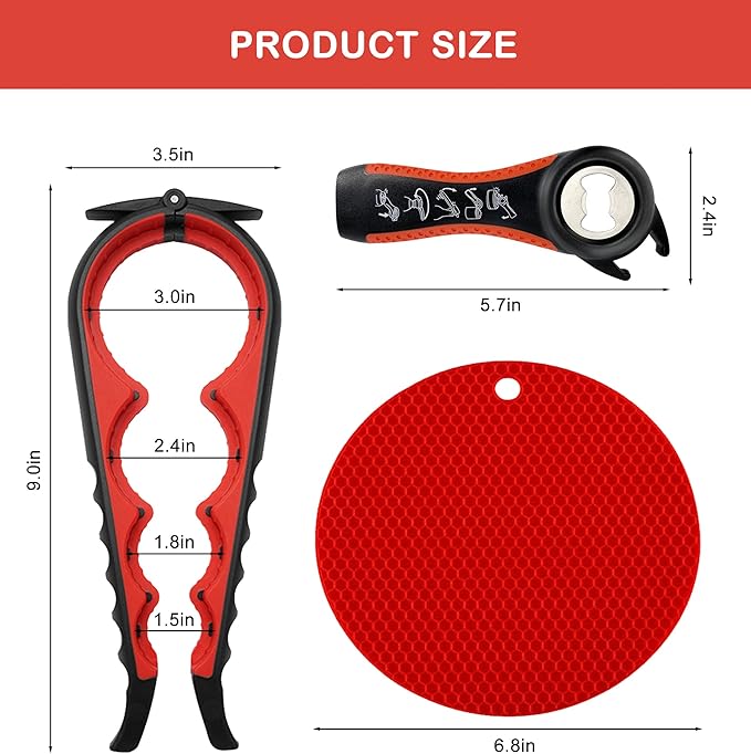 Jar Opener for Weak Hands, Seniors with Arthritis, 5 in 1 Multi Function Bottle Opener Lid Opener For Arthritic Hands with Non Slip Rubber Jar opener Gripper Pad(red)