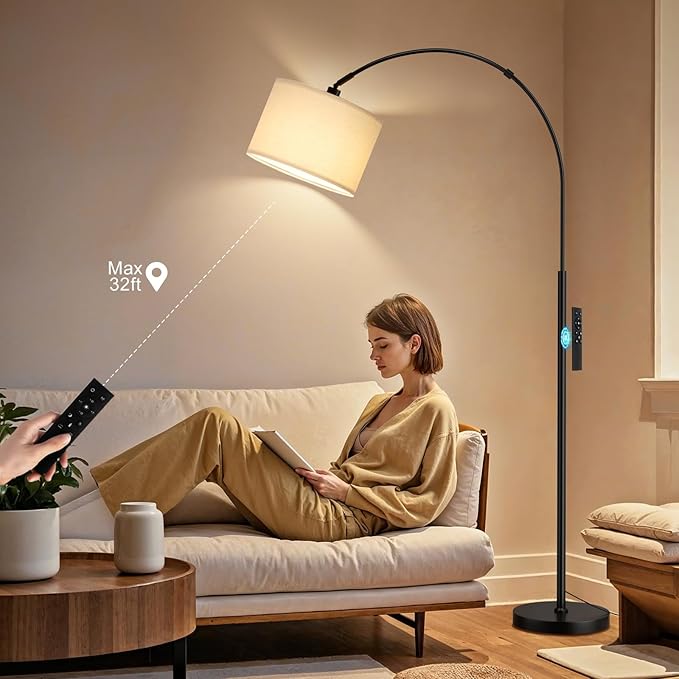 Ambimall 70 Dimmable Arc Floor Lamp with Remote, Color Temperatures and Brightness Adjustable, Arched Floor Lamp with Rotating Head, Over Couch Arched Light for Living Room (Deep Beige and Black)