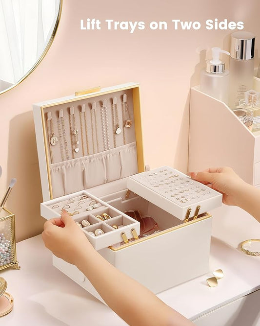 Lolalet Jewelry Box Organizer for Women Girls, 2 Layer Jewelry Organizers and Storage for Necklace Earrings Rings Bracelets, Large Jewellery Holder Case Birthday Gifts -Cream