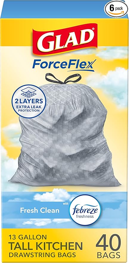 Glad ForceFlex Tall Kitchen Trash Bags, 13 Gallon, Gain Fresh Clean, 40 Count (Package May Vary) (Pack of 6)