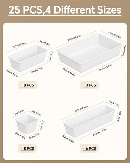 KEMETHY 25 PCS Plastic Drawer Organizers Set, 4 Sizes Vanity Organizer, Makeup and Desk Drawer Organizer Trays, Organization and Storage for Makeup, Bathroom, Kitchen Utensils and Office (White)