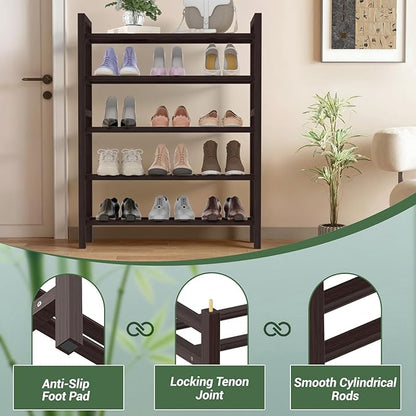 Haddockway Bamboo Shoe Rack for Closet, Free Standing Shoe Organizer with Smooth Round Rods & Convenient Handles, Stackable Shoe Storage Shelf for Entryway, Hallway(Brown, 5-Tier(Small))
