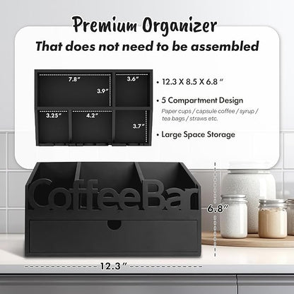Coffee Bar Organizer for Countertop - Wooden Coffee Organizer Condiment Station, Coffee Station Organizer for Home & Office, K Cup Stand for Counter, Tea Box - Black Drawer Type