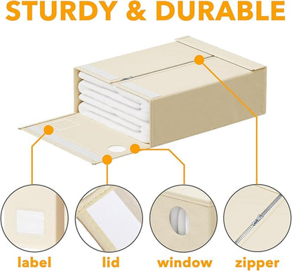 SpaceAid 6 Pack Bed Sheet Organizers and Storage, Foldable Sheet Organizer for Linen Closet, Sheets Set Folder Keeper with Window XL (Queen & King Size) Bedding Container (Beige, 6 Pack)