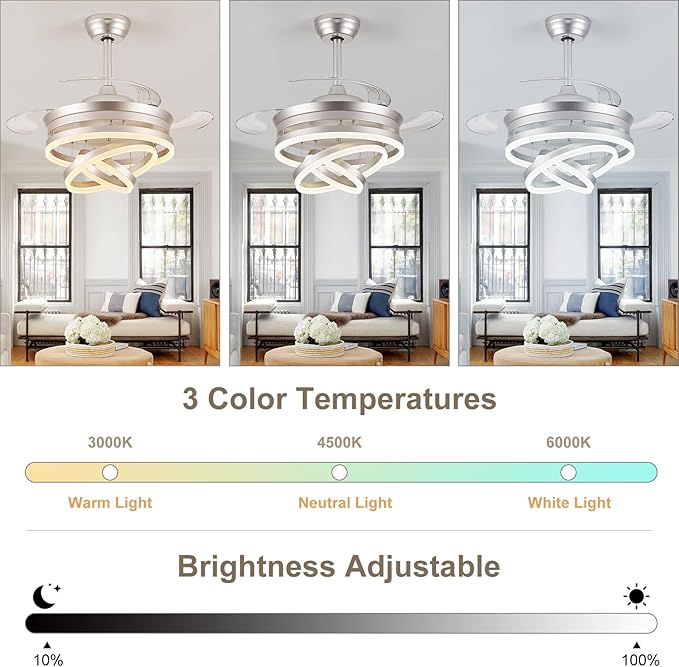 42" Modern Retractable Ceiling Fan with Lights, Fandelier Ceiling Fan with LED Light and Remote&App Control, 6 Speed Reversible 3CCT Chandelier Fan for Bedroom Living Room Dining Room Silver